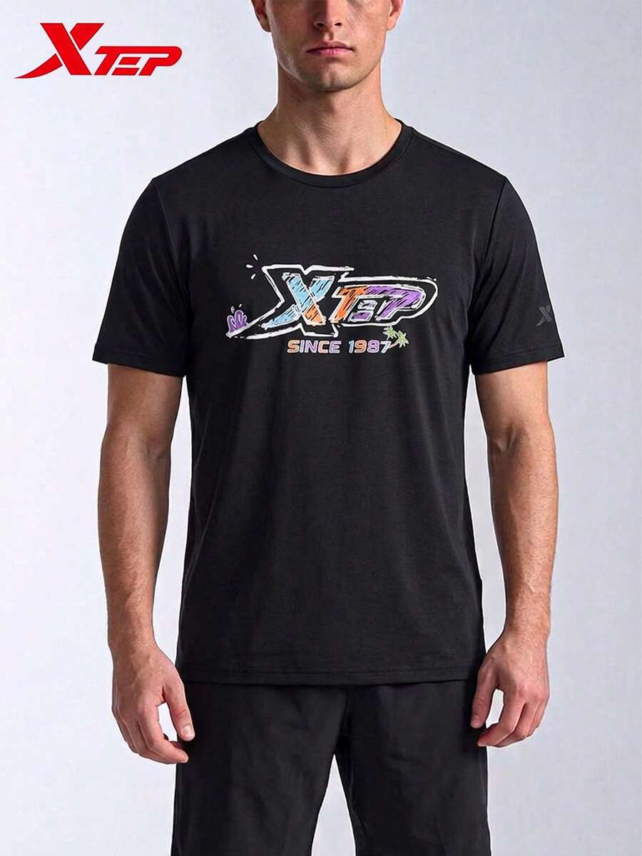 XTEP Short Sleeve Knit T-Shirt | New Men's Versatile Casual Sports Top Half Sleeve Black - True Black - View 1