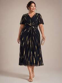 EVERPRETTY Plus Size Elegant High Elastic Comfortable Ruffle Tie-Knot Black & Gold Color Mid-Length Formal Evening Gown,For Wedding Guests,Semi-Formal Occasions - Multicolor - View 8