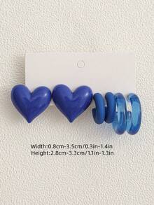 1 Set Of 3 Pairs New Fashion Commuter Elegant Heart-Shaped Stud Earrings, Blue Transparent AB Colorful Hoop Earrings Set - Multicolor - View 22