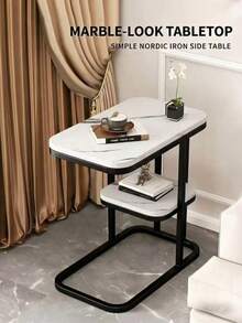 NEW 1 Piece Of Light, Luxurious, Double-Layer C-Shaped Side Table, Imitating A Marble Pattern, Suitable For A Side Table By The Sofa In The Living Room And A Small Coffee Table - Multicolor - View 4