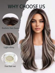 20 Inch Gradient Brown Gray Long Wavy Heat-Resistant Synthetic Hair Wig, Adjustable Breathable Mesh Cap, Suitable For Daily Wear, Halloween Party - Gray Highlight - View 5