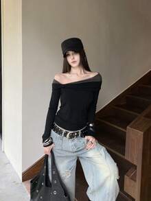 Women's Black Off-Shoulder Knit Top, Long Regular Sleeves, Medium Stretch Fabric, Twisted Detail, Regular Length, Suitable For Autumn Wear - Black - View 10