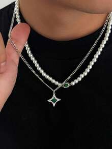 2pcs/Set Autumn Men's Vintage Gold Double Layer Stacked Necklace, Pearl Green Gemstone Square Diamond Collarbone Chain + Star Green Diamond Pendant, Autumn Sweatshirt Matching Accessory Holiday Gift - 2pcs - View 9