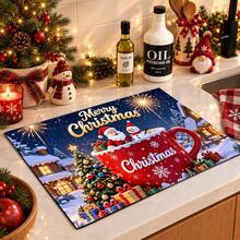 1pc Christmas Themed Printed Pattern Dish Drying Mat, Kitchen Countertop Bowl & Plate Rubber Bottom Drying Pad, Party Decoration, Super Absorbent Hidden Stain Dish Drying Mat, Soft Diatomaceous Earth With Rubber Backing Multi-Functional Kitchen Home Mat, Quick Dry Mat For Coffee Machine & Dish Rack, Kitchen Countertop Coffee Mat & Dish Drying Pad - LL LSD028 - View 1