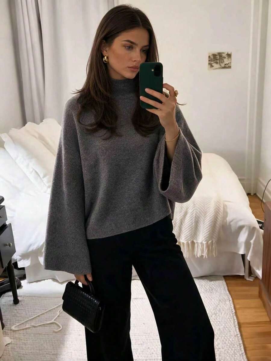 FOR BEAUTY Autumn/Winter Y2K Elegant Grey Bell Sleeve High Neck Loose Knit Sweater Top For Women, Suitable For Outings, Parties, Vacations, Concerts - Grey - View 1