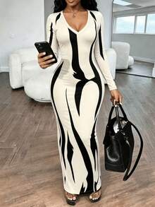 Women's Autumn Sexy Versatile V-Neck Fitted Ruched Long Sleeve Printed Flared Maxi Dress - White - View 1