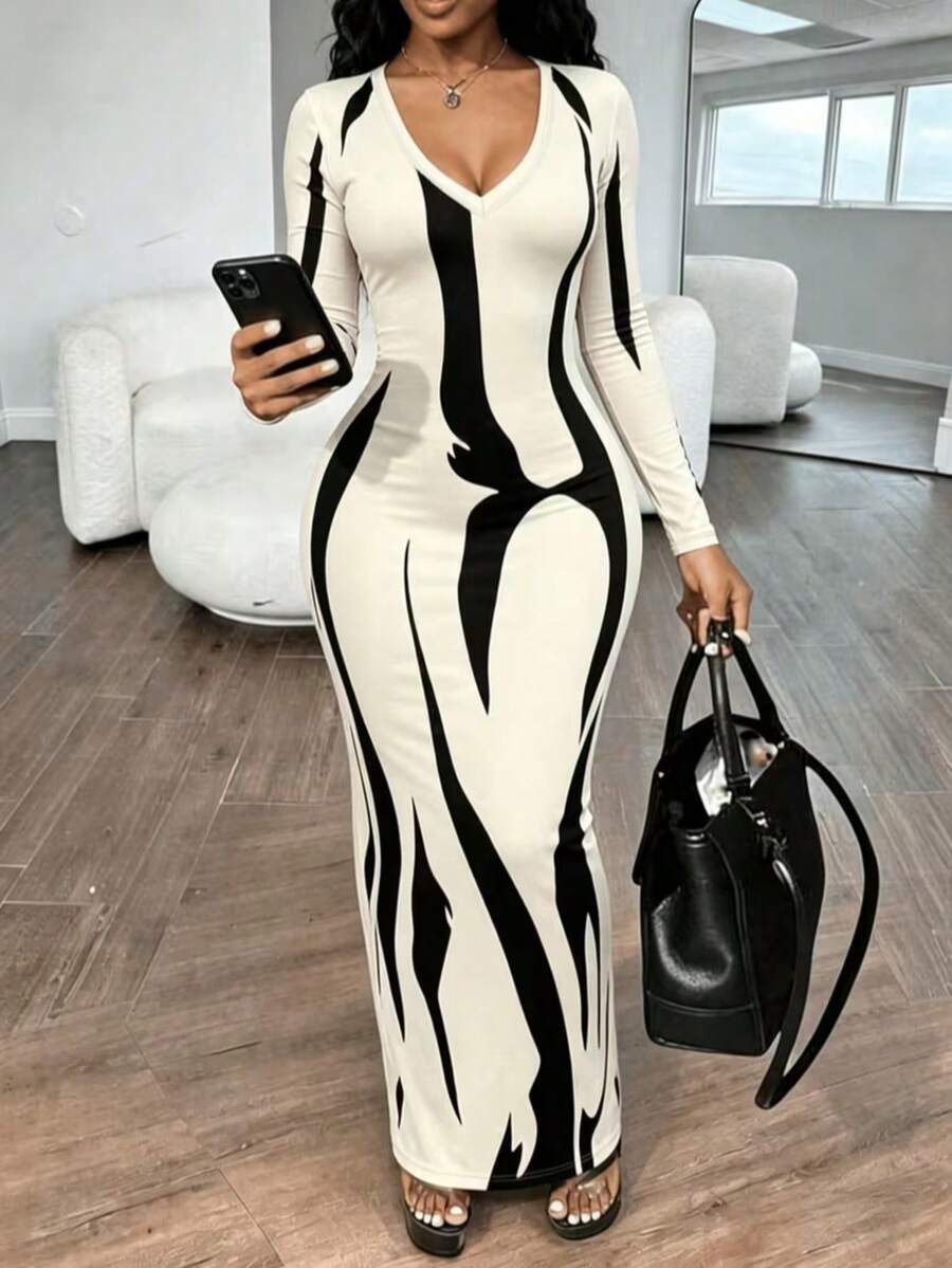 Women's Autumn Sexy Versatile V-Neck Fitted Ruched Long Sleeve Printed Flared Maxi Dress - White - View 1