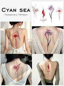 4pcs Temporary Tattoo Sticker, Minimalist Line Spider Lily Iris Butterfly Floral Pattern, Realistic Fake Tattoo Design, For Daily Wear, Bachelorette Party Favors, Music Festival, Game, Graduation Gift, Lasts 3‑5 Days - Multicolor - View 1