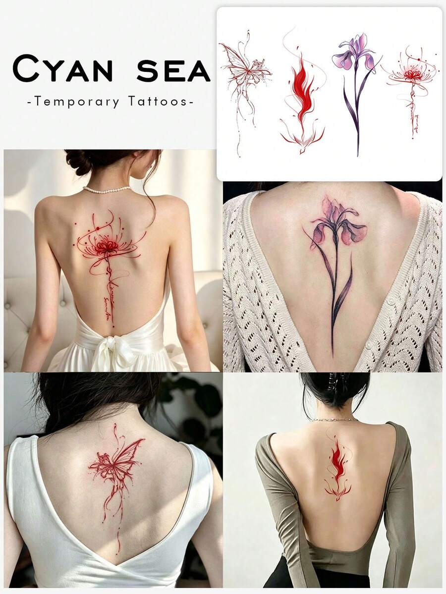 4pcs Temporary Tattoo Sticker, Minimalist Line Spider Lily Iris Butterfly Floral Pattern, Realistic Fake Tattoo Design, For Daily Wear, Bachelorette Party Favors, Music Festival, Game, Graduation Gift, Lasts 3‑5 Days - Multicolor - View 1