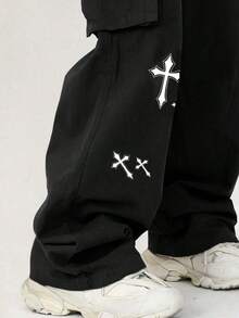 Teenager Daily Versatile Bottom Wear, Unisex Casual Personalized Small Print Cargo Pants, Suitable For Spring And Autumn. - Black - View 3