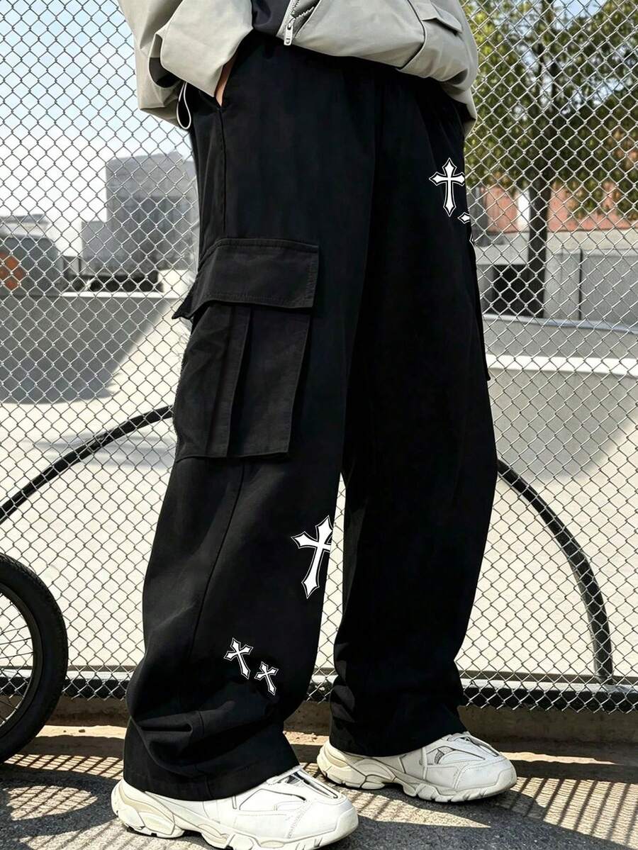 Teenager Daily Versatile Bottom Wear, Unisex Casual Personalized Small Print Cargo Pants, Suitable For Spring And Autumn. - Black - View 1