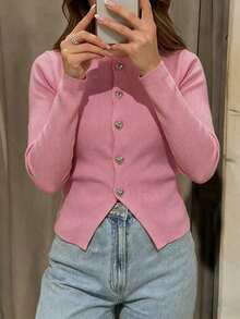 Live To Mo Women's Cute Pink Button Knit Cardigan, Elegant Casual Sweater, Suitable For Autumn Back To School, Commuting And Outings - Pink - View 8