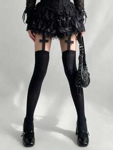 1 Pair Women's Gothic Cross Thigh High Over-The-Knee Socks, Punk Dark Style, Suitable For Cosplay, Party, Streetwear And Daily Wear - Multicolor - View 5