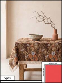 1pc Brown Base Vintage Autumn Floral Plant Print Tablecloth, Retro Natural Style Jacquard Fabric, Rectangular Beige Tassel Edge Detail, Stain-Resistant Desktop Protection Functional Long Tablecloth Suitable For Daily Home And Natural Dining Table Decor Scenes - Brown - View 14