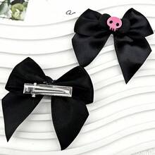 2pcs Y2K Gothic Style Hair Clips, Black Satin Alligator Hair Clips Suitable For Halloween Party, Punk Side Bangs Accessory, Daily Hair Decoration - Multicolor - View 5