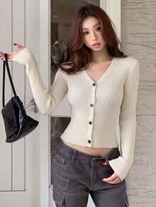 2026 Sexy Style Ribbed Knit Cardigan, V-Neck Cropped Slim Fit Cardigan, Lady Gentle Style Knitwear, Spring/Autumn Daily Date Commute, Elastic Knit Fabric Slimming Cardigan For Women 18-35 Years Old - Apricot - View 3