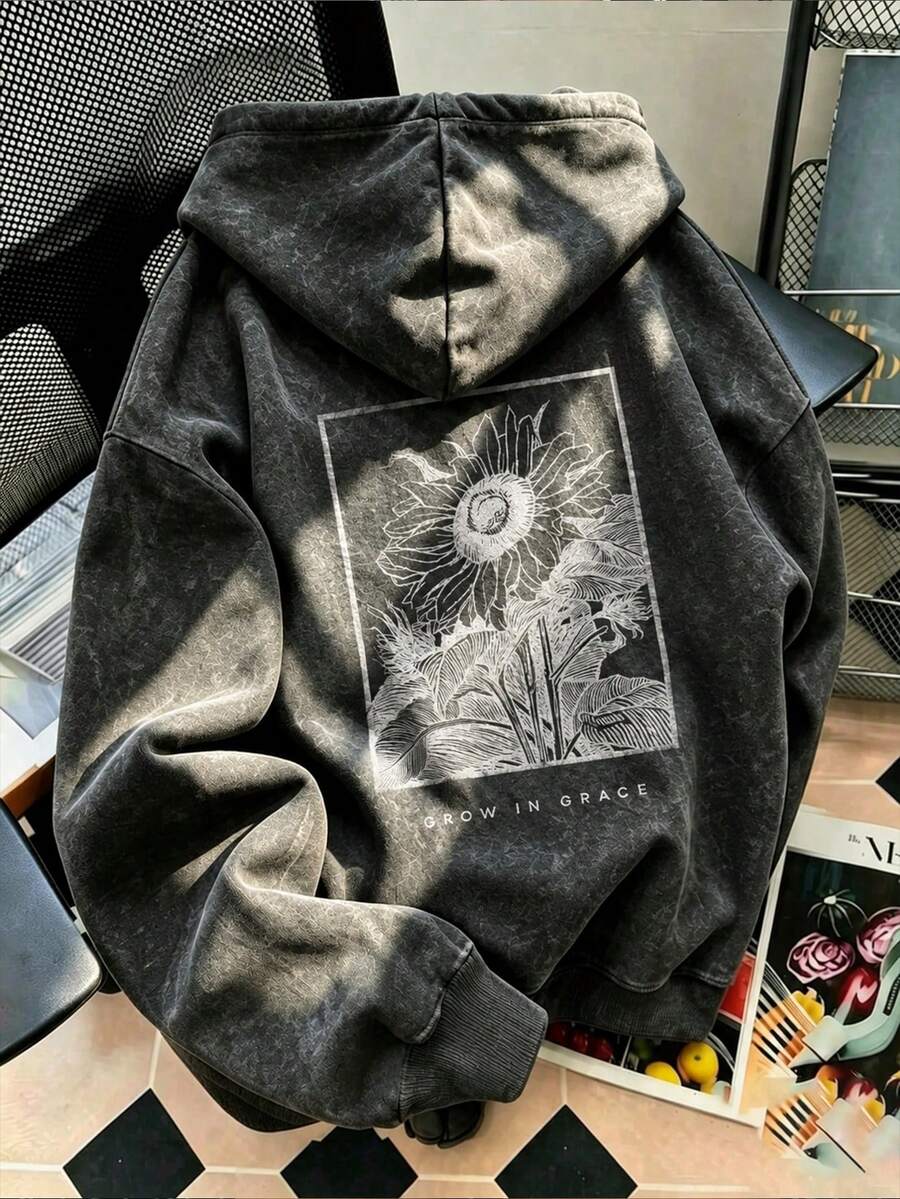 Women's Black Washed Sunflower Print Street Style Sweatshirt, Suitable For Daily Wear - Black - View 1