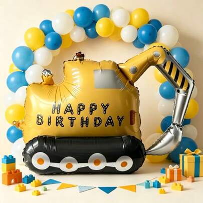 1pc Happy Birthday Excavator Foil Balloon, Large Construction Vehicle Polyester Film Balloon, Children Boys Construction Theme Birthday Party Decoration, Photo Booth Prop, Birthday Backdrop Supplies