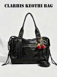 Vintage Distressed Motorcycle Style Tote Bag, Woven Texture With Rivet Details, Fun Cherry Charm Accent, Multi-Zipper Compartment Design, Comes With Replaceable Long Shoulder Strap, Large Capacity Body, Suitable For Daily Outings, Creating American Vintage Atmosphere Outfit - Black - View 8