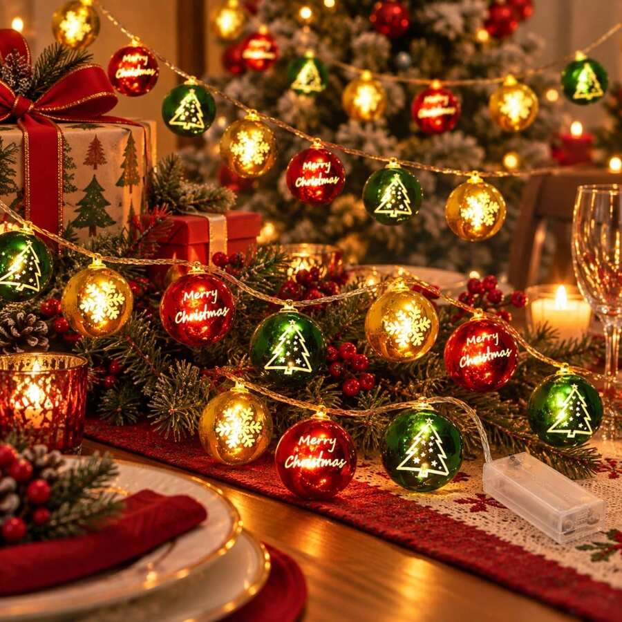 1pc Christmas Ball LED String Lights 10/20 LEDs Merry Christmas Tree Snowflake Ornament Lights Battery Operated Xmas Fairy Lights Suitable For Home Bedroom Mantel Christmas Holiday Party Festive Decor - Warm White - View 1