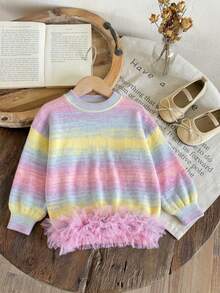 Girls' Cute Gradient Color Ruffle Knit Pullover Sweater, Suitable For Vacation, Daily Wear, Spring, Autumn, Winter - Pink - View 4