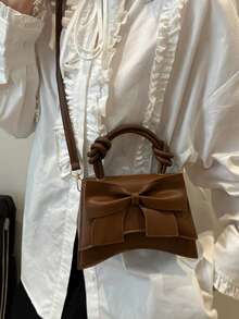 Solid Color Pleated Edge Handbag, Flap Crossbody Bag For Women, Retro Floral Print Tote,Business Professional Women - Coffee - View 6