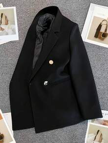Spring/Summer Women's Solid Color Long Sleeve Double-Breasted Blazer, Notch Lapel | Suitable For Dates, Parties, Outings And Holiday Celebrations - Matte Black - View 7