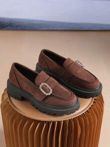 New Women's Rhinestone Decorated Suede Solid Color Retro Loafers Thick Platform Serrated Sole Slip-On Wedge Heels Fashion Versatile - Brown - View 2
