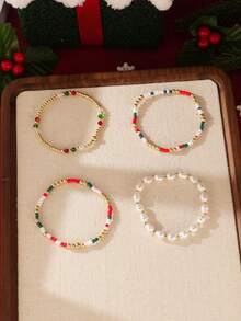 4pcs Exquisite Christmas Colorful Beads Faux Pearl Multi-Layer Elastic Bracelet Set Suitable For Women Daily Wear, Holiday Party, Christmas Gift - Multicolor - View 4