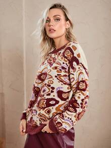 Simplee Women's Autumn/Winter New Fashion Comfortable Fuzzy Floral Print Crew Neck Sweater, Suitable For Commuting And Casual Wear - Burgundy - View 3