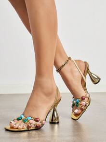 Women's Fashion Sexy Square Toe High Heel Sandals, Colorful Rhinestone Decor Design, Hollow Cross Strap Gorgeous Asymmetric Heel Mule Shoes, Open Toe Party Gold High Heels - Gold - View 4