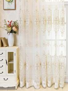 1pc European High-End Embroidered Curtain, Suitable For Living Room & Bedroom, Luxury Embossed Embroidery Curtain With Beaded Screen, Bedroom Sheer Voile Curtain - Multicolor - View 10