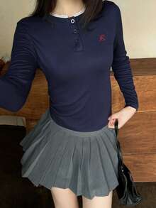 Women's Long Sleeve Henley Neck T-Shirt, Contrast Trim And Embroidery, Regular Length Top, With Button Detail - Navy Blue - View 2