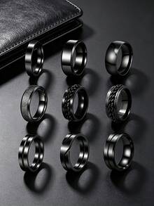 9PCS Punk Hip Hop Black Chain Plain Band Stainless Steel Men's Rings, Fashion Men's Jewelry Accessories, Rings For Daily & Anniversary Wear - Multicolor - View 2