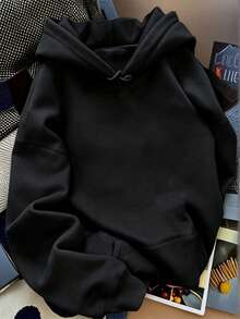 Solid Color Blank Loose Fit Sweatshirt, Minimalist All-Match Drawstring Kangaroo Pocket Pullover Sweatshirt, Street Casual Long Sleeve Top, Versatile Layering Everyday All-Match - Black - View 2