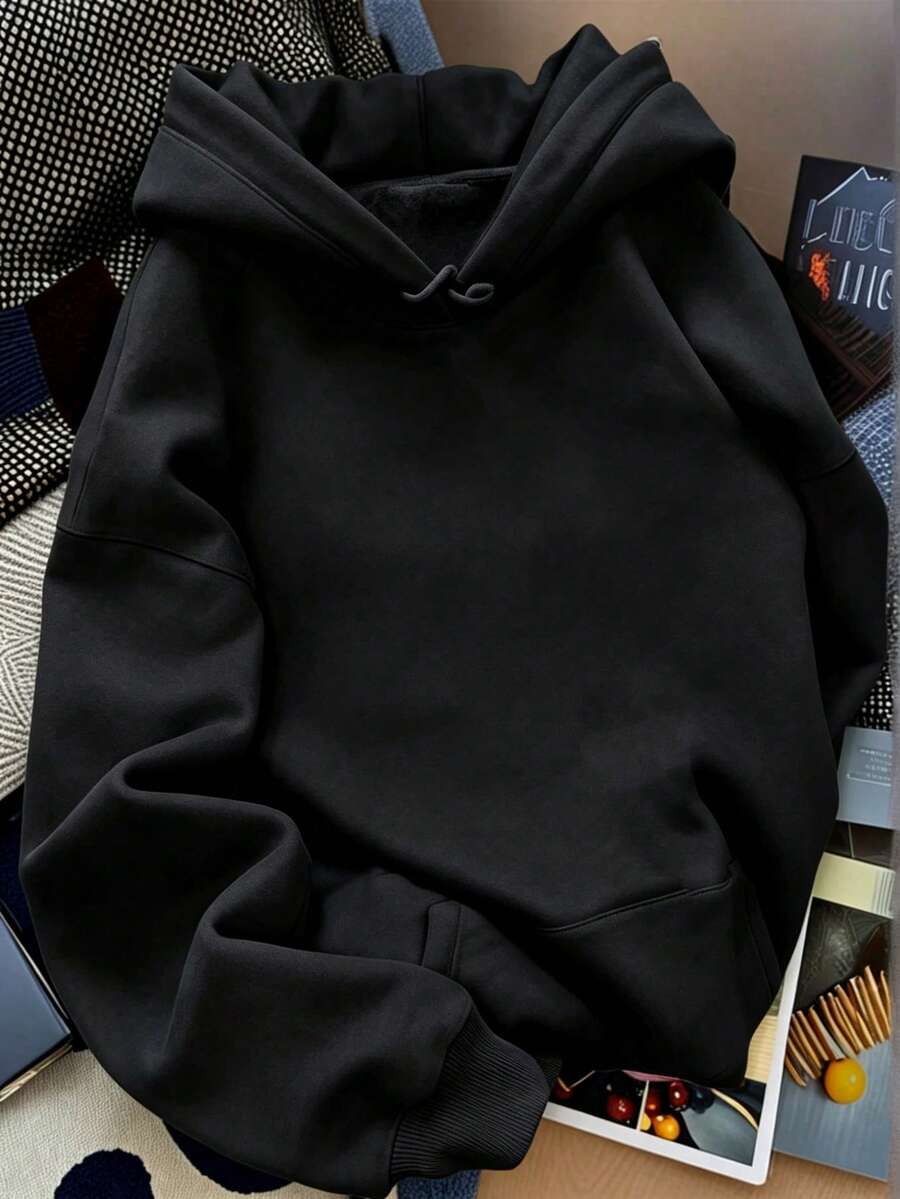 Solid Color Blank Loose Fit Sweatshirt, Minimalist All-Match Drawstring Kangaroo Pocket Pullover Sweatshirt, Street Casual Long Sleeve Top, Versatile Layering Everyday All-Match