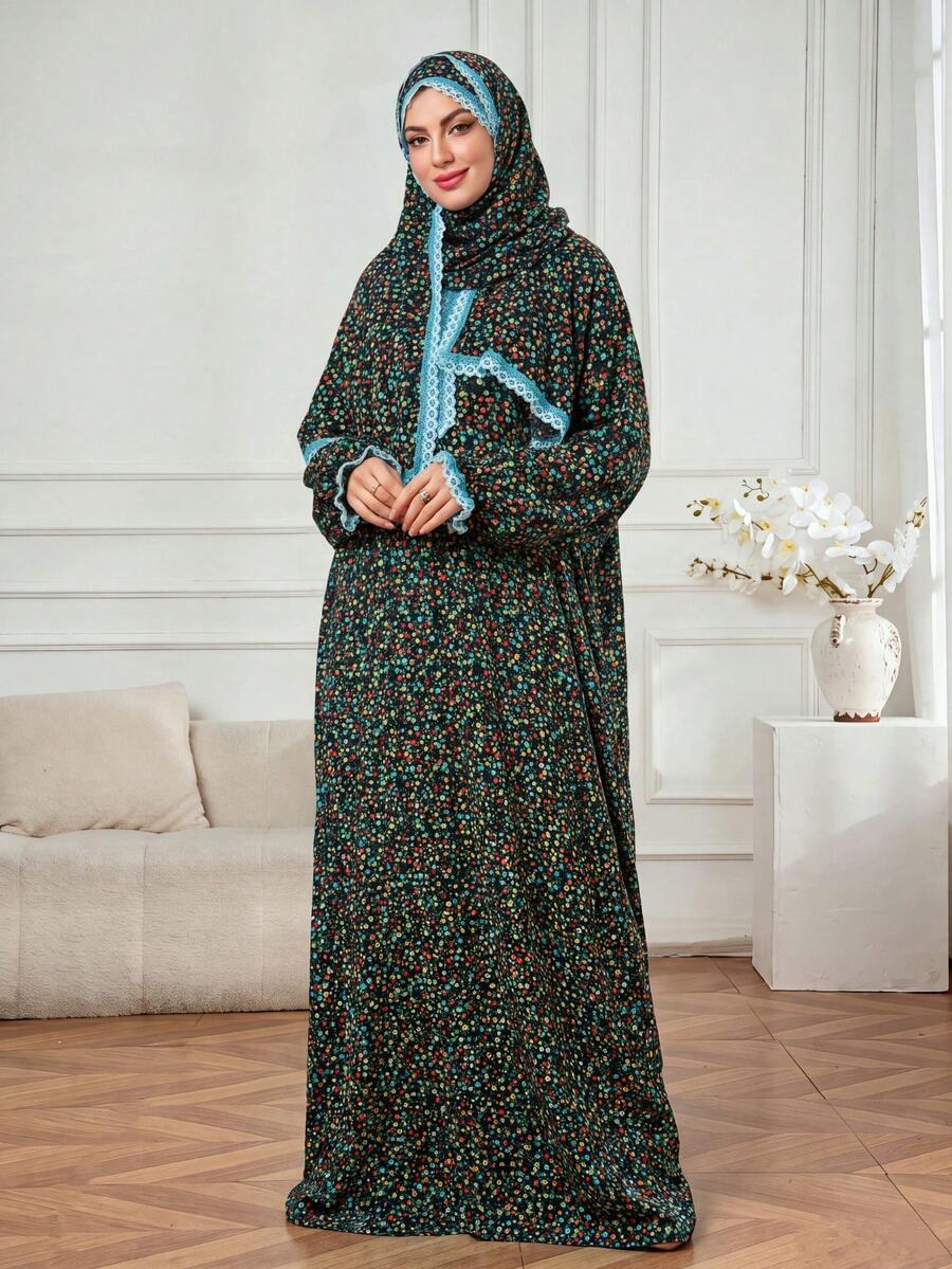 Muslim Floral Headscarf & Robe Set Arabic Ditsy Floral Abaya Dress Loose Casual Cover Up Southeast Asian Style Loose Vacation Sun Protection Maxi Dress - Multicolor - View 1