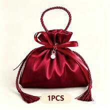 10pcs Burgundy Satin Drawstring Gift Bags, Pearl Tassel Candy Bags, Wedding Party Favor Bags, Bridal Shower Return Gift Storage Bags, Suitable For Jewelry And Small Gifts - A - View 8