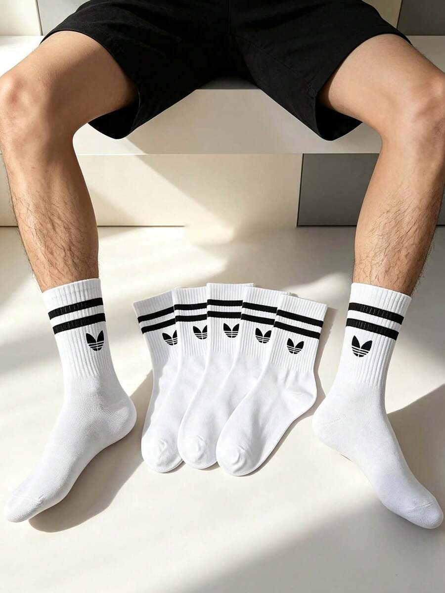 5 Pairs Men's American Vintage Style Striped Print Long Socks, Classic Black & White Contrast Color, Eye-Catching Design, Suitable For Various Outfits, Multi-Pair Set Matching Options - Multicolor - View 1