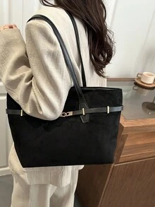 Retro Suede Large Capacity Belt Tote Bag For Women, Leopard Print Chic Personalized Casual Versatile Niche Shoulder Big Bag - Black - View 6