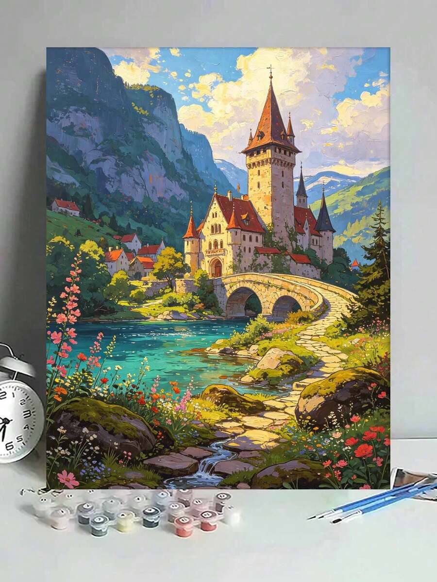 DIY Digital Oil Painting Kit - Castle Scenery, Beginner Canvas Art Handmade Painting Craft, Home Decor For Living Room, Bedroom, Holiday Gift, Includes Painting Tools.