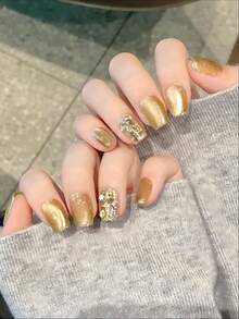 10pcs Handmade Press-On Nails, Y2K Style, Autumn Maple Leaf Color Palette, Autumn Floral & White Gradient, Caramel Gradient, Suitable For Girls And Women For Festivals, Music Festivals, Daily Wear, Valentine's Day Gift - Gold - View 5