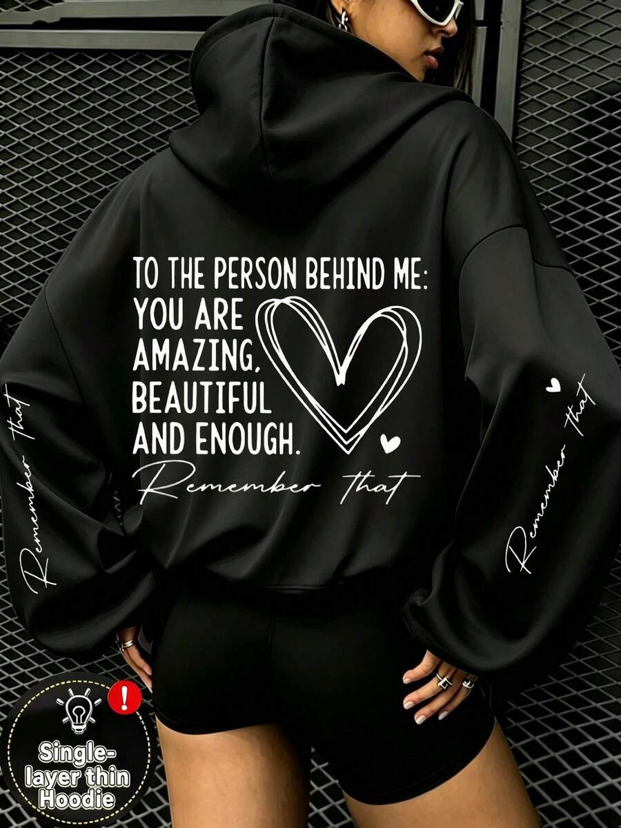 Letter Pattern Back Print Pocket Hooded Sweatshirt. Plus Size Women's Regular Fit Sweatshirt Autumn/Winter New Arrival Versatile Top Casual Black - Black - View 1