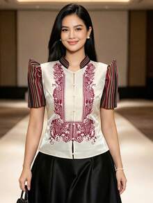 1pc Modern Filipiniana Blouse With Butterfly Sleeves, Button Blouse, Women's Short Sleeve Shirt Top For Office, Daily, Festival, Summer - Champagne - View 5
