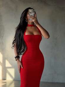 Summer Sexy Halter Red Ribbed Midi Bodycon Dress For Women Bandage Dress Elegant Night Out Evening Cocktail Party Dress - Red - View 5