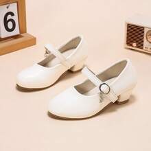 White Minimalist Girls' Princess Shoes, Fine Glossy Material, Single Strap Hook And Loop With Rhinestone Pendant. Low Heel Design For Stable Walking, Round Toe To Protect Toes, Soft And Comfortable Lining. Suitable For Performances, Weddings, Parties, Clean And Versatile. - White - View 2