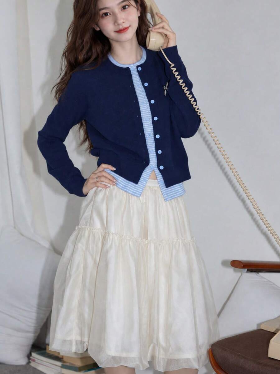 Women's Autumn/Winter Minimalist Casual Solid Color Outer Layer With Inner Striped 2 In 1 Cardigan Knit Sweater Jacket Fall - Navy Blue - View 1