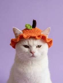 1pc Pet Hat Orange Knitted Cat Hat, Cute Handmade Crochet Halloween Costume Accessories, Soft Ruffled Pet Headpieces For Cats And Dogs' Birthday Party Photo Props, Fun Holiday Role-Playing Hats - Multicolor - View 9