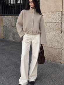 Women's Fashion Knit Cardigan, Drawstring Hem, Stand Collar With Button Front Design, Short Length Height-Enhancing Jacket, Autumn Outfit Essential - Khaki - View 4