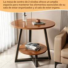 Mesa de centro redonda de 2 niveles, mesa auxiliar de madera decon estante de almacenamiento, mesas de madera para sala de estar, mesa de acento que ahorra - Marrón - Ver 4